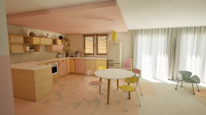 cuisine ouverte avec fond plafond de couleur. cuisine aux couleurs pastel