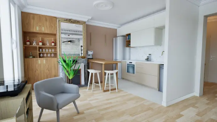 rénovation appartement haussmannien, cheminée avec trumeau, bar et table sur mesure