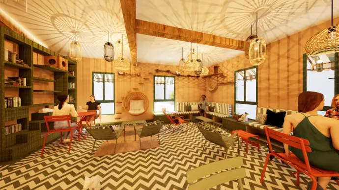 salon de thé avec mix de mobilier esprit riad et jardins parisiens. Fauteuile fermob modèle luxembourg. Bejmat marocain au sol